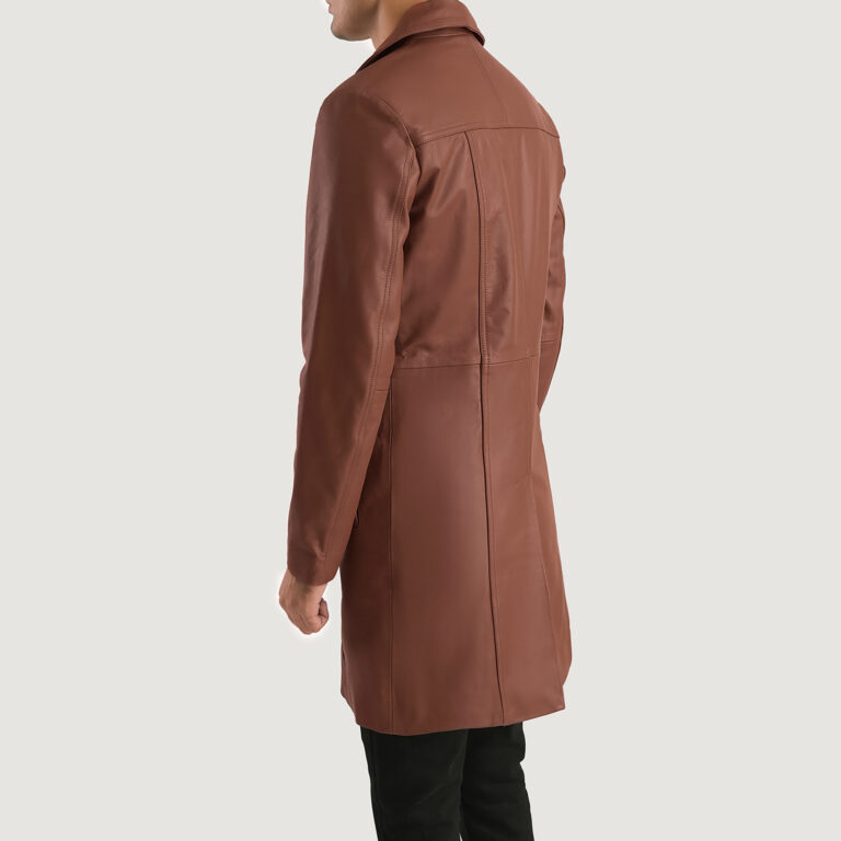 Mens Don Long Brown Leather Coat Tilted Back-8-1701087613652
